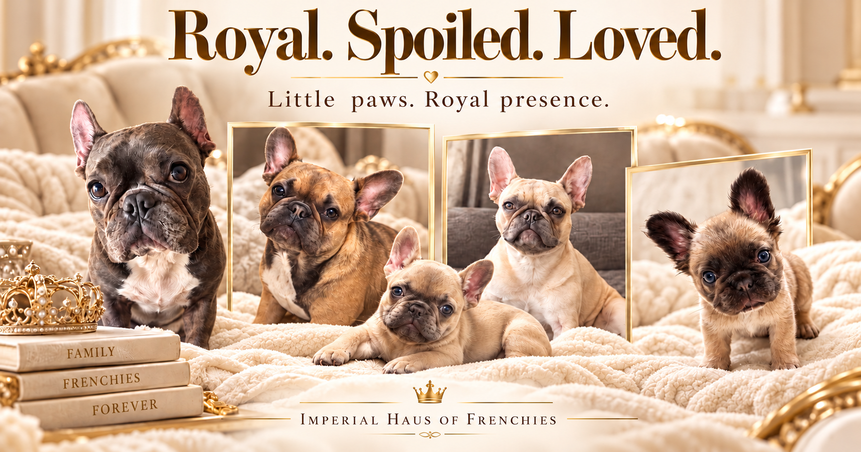 Our five Imperial Haus Frenchies: Royal. Spoiled. Loved.